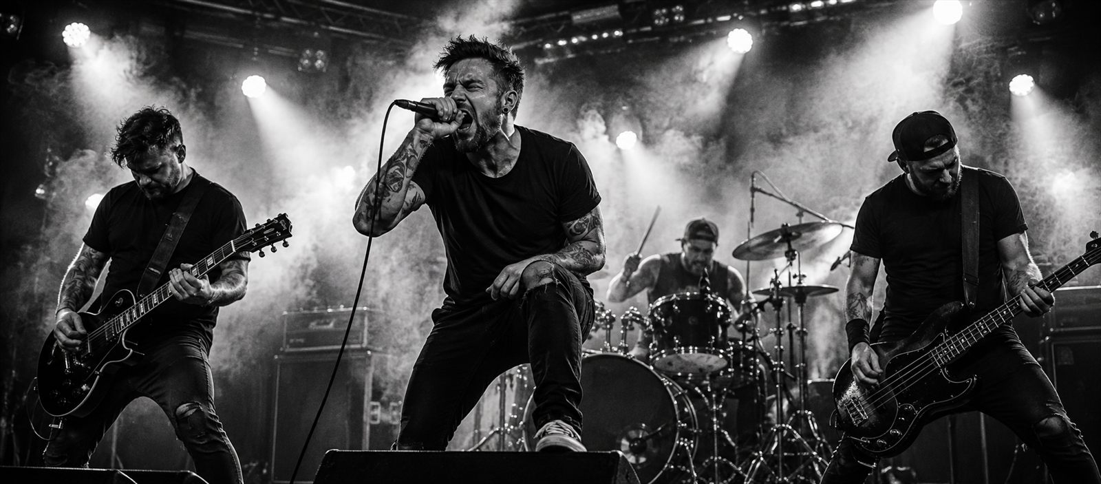 Die Band DEUTSCHROCK live auf der Bühne: Sänger im Scheinwerferlicht, Gitarrist links, Schlagzeuger und Bassist rechts